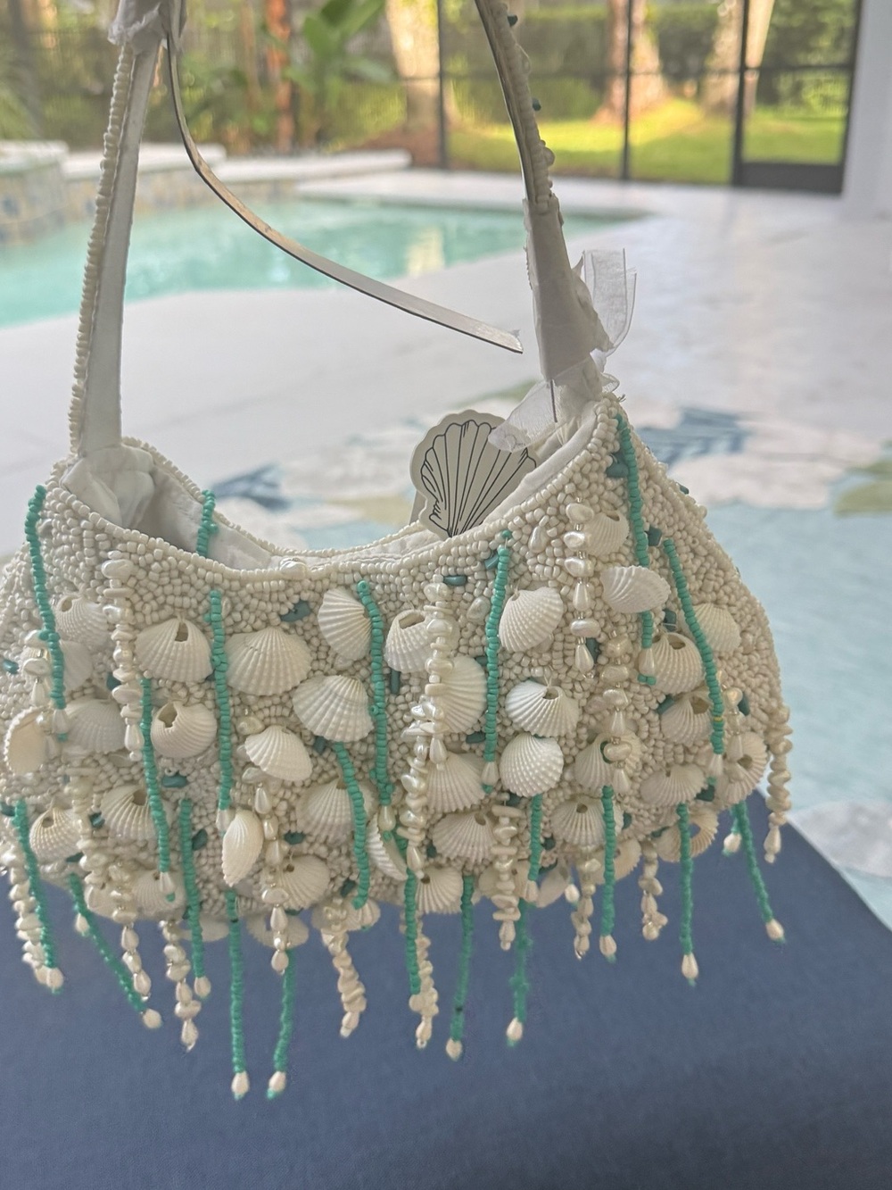 Beaded Shell Fringe Mini Shoulder Bag - White & Turquoise
